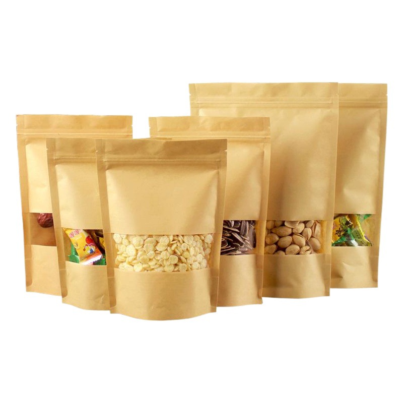 Open window Kraft paper bag tea food packaging bag thickened Kraft paper self-standing self-sealing bag nut snack sealed bag