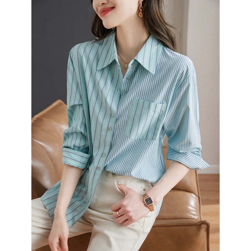 French style retro vertical striped shirt 2023 autumn new long sleeve elegant niche design versatile lining