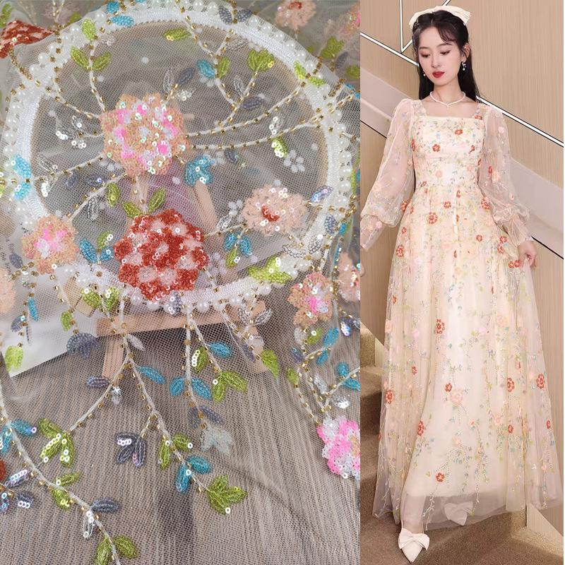 Monet garden flower sequined beaded embroidered flower branches and leaves high-end dress clothing cheongsam lace clothing fabric