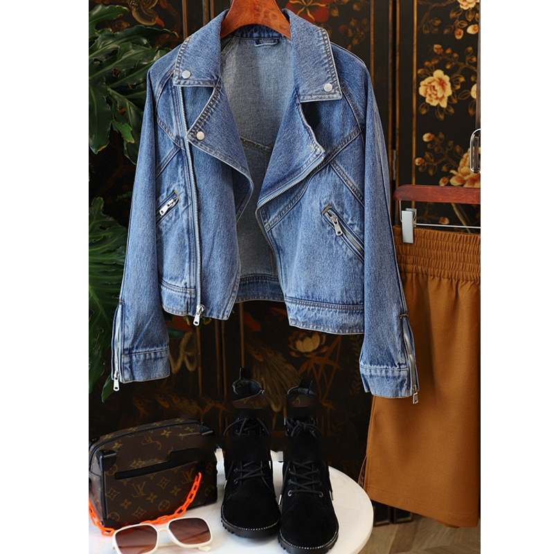 Picture of Fried Street, handsome, fashionable and exquisite love! Large lapel zipper long sleeve motorcycle style Denim coat jacket women's fashion