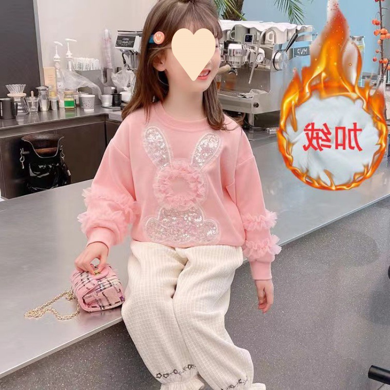 Girls' sweater fleece-lined new 2025 spring and autumn girl's western style rabbit pullover top children's pink long sleeve