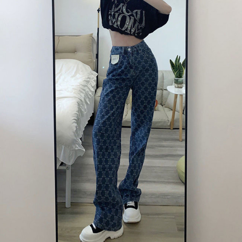 Blue Jeans Women's High Waist 2022 Autumn New Printed Loose Slimming Straight Leg Wide Leg Pants Trendy