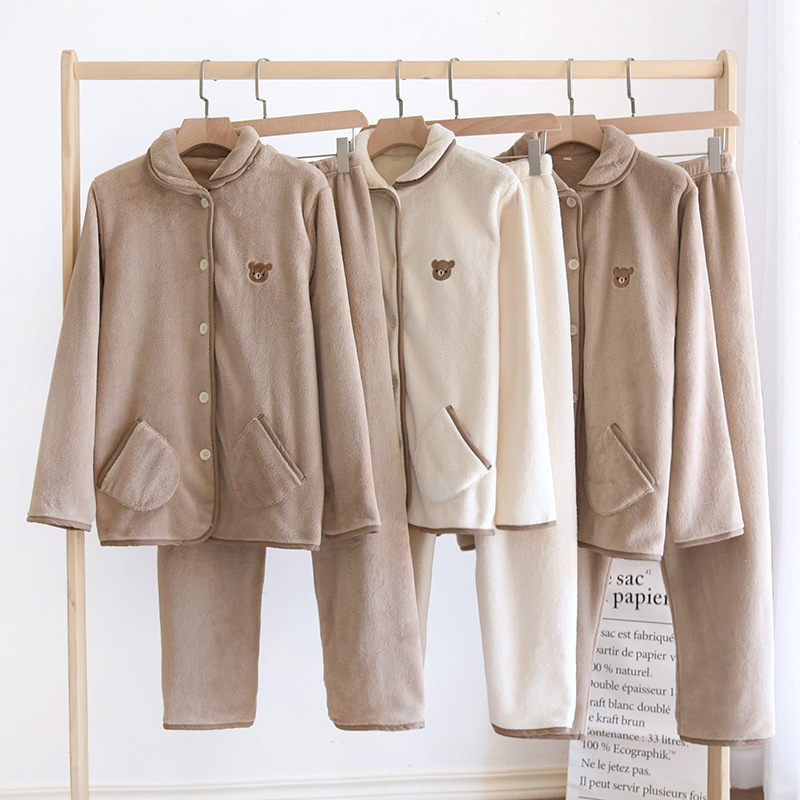 New Autumn and Winter Flannel Fabric Thickened Couple Pajamas Japanese Solid Color Cute Bear Home Suit
