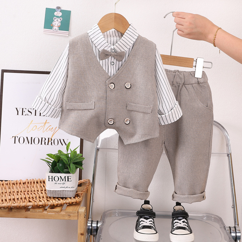 Picture of Korean style spring fashion baby fried street spring double-breasted vest bow tie long sleeve suit boy long sleeve three-piece set