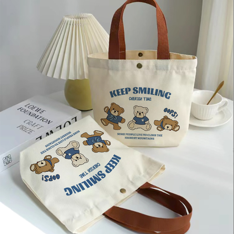 Bear Canvas Bag Small Handbag Female Student Lunch Box Bag Simple Handbag Canvas Bag Office Worker Lunch Bag