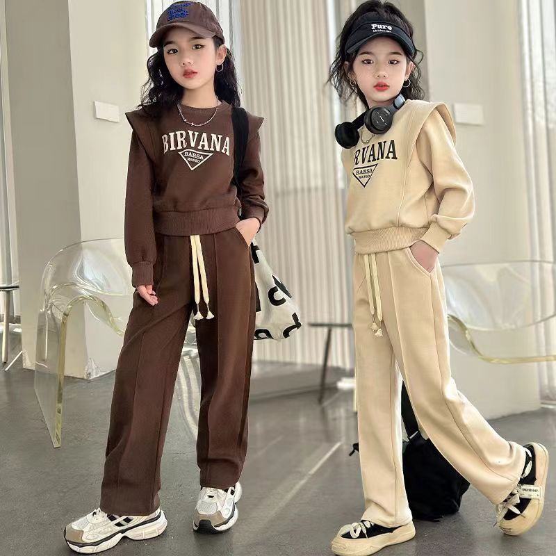 Girls' Korean-style Casual suit Large Children's Spring and Autumn New Western-style Letter Top Long-sleeved Fashionable Trousers Two-piece Set