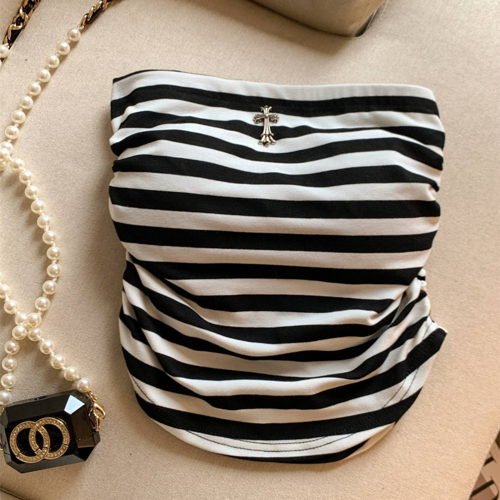 Contrast Color New Sweet Tube Top Vest Striped One-Piece Can Be Worn Outside Female Hot Girl Sleeveless Top Spring and Summer Pure Lust Style Wrapped Chest
