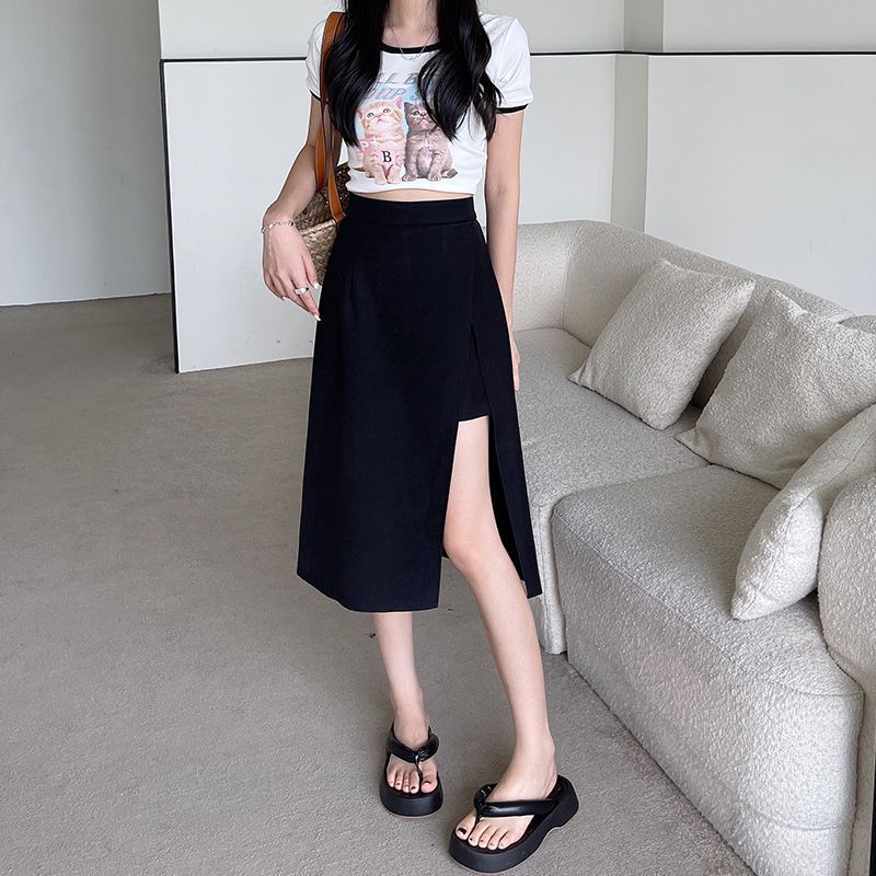 Plus size women's chubby girl suit skirt irregular black slimming design high waist A- line mid-length culottes
