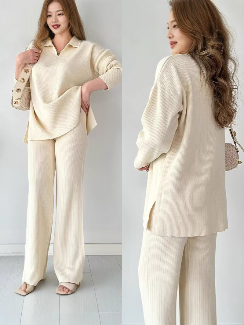Autumn and winter new European and American Amazon cross-border fashion solid color loose hem split sweater two-piece set for women