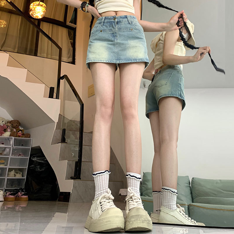 Denim Half-length Skirt Pants Women's Ins Style Hot Girl Short High Waist Hip Covering All-match Design A- Line Hip Short Skirt for Summer