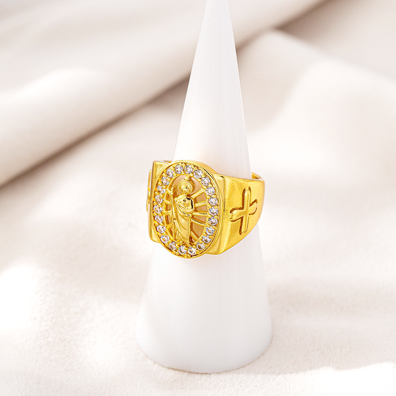 Hot Selling Vietnamese Sand Gold Ring Hip-Hop Style Virgin Mary Inlaid Zirconium Index Finger Ring Women's Cross-Border Design Jewelry Supply