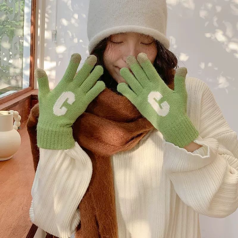 ins Candy Color Gloves Letter C Autumn and Winter Thickened Women's Winter Korean Style Student Cute Wool Knitted Warm Gloves