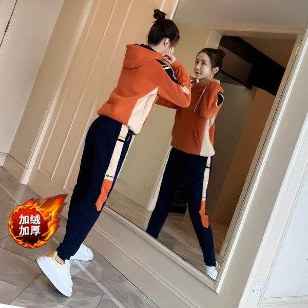 Fleece-lined thickened new autumn and winter warm contrast color suit women's casual sports fashion sweater home wear two-piece set