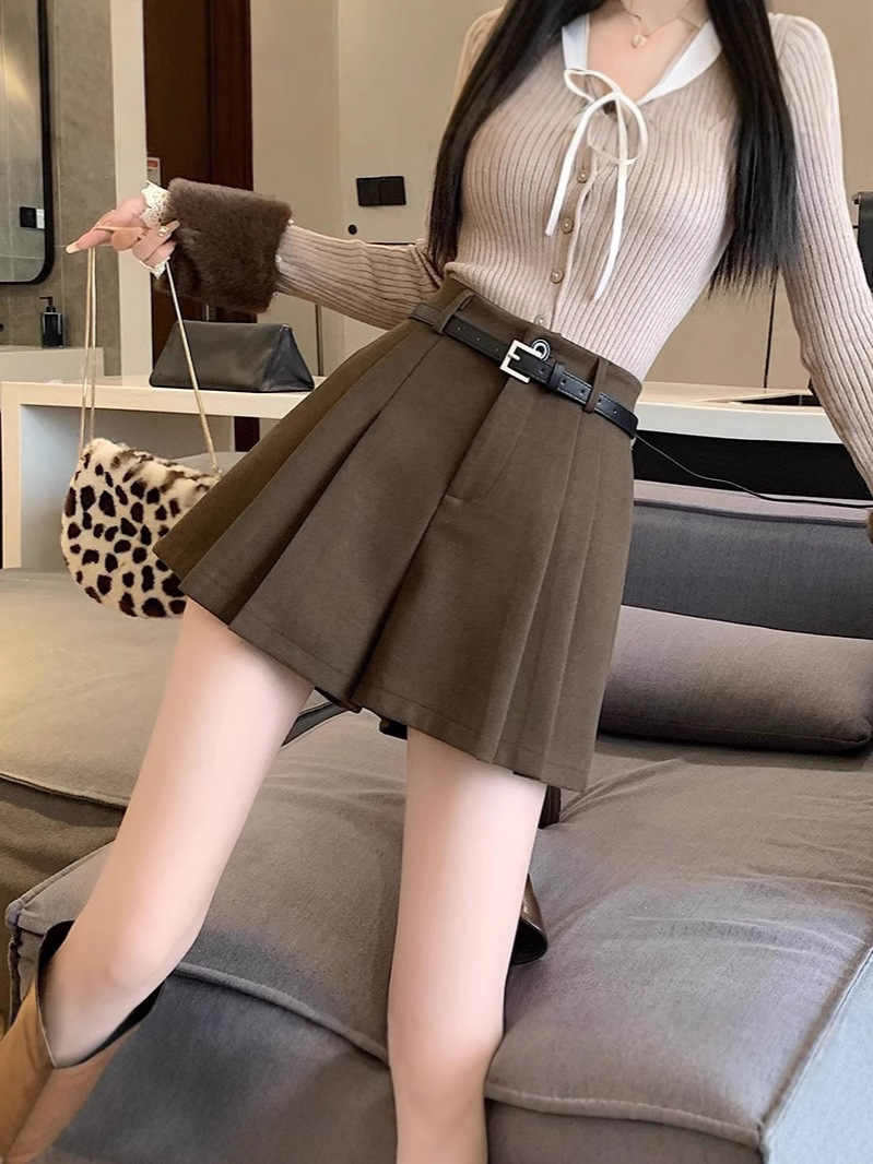 brown Pleated Woolen Shorts Women's 2024 New Autumn and Winter Outer Wear Boots Pants High Waist A- Shaped Wide Leg Casual Pants Skirt