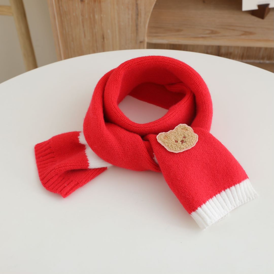 Picture of Children's Woolen Scarf Korean Style Color-Blocked Stripesd Knitted Embroidered Korean Bear Cute Woolen Scarf for Boys and Girls