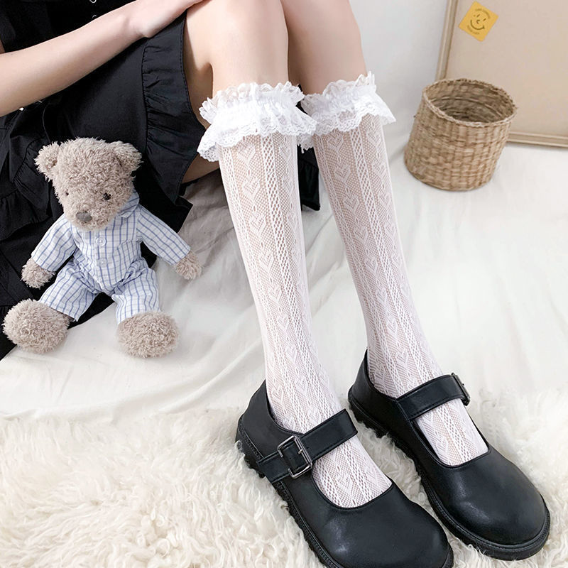 Lolita Lace Socks, Lolita Slouch Socks, Japanese Style Jk Hollow Mesh Socks, Soft Girl Mid-Calf Socks, Cute Short Socks
