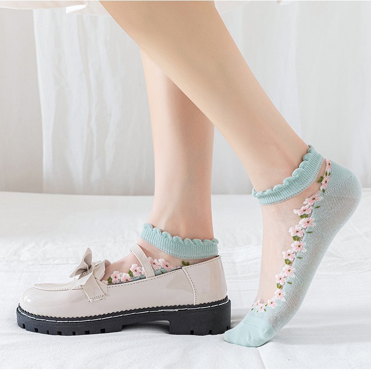 Picture of Floral Glass Silk Women's Summer Short Socks Japanese Style Cute Fresh Style ins Short Socks Cotton Bottom Sweat Absorbing Breathable Socks