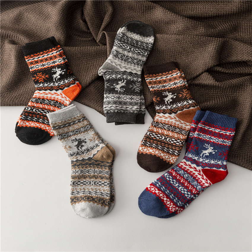 Cross-Border Women's Double-Way Ethnic Style Wool Socks Retro Christmas Deer and Rabbit Wool Socks Warm Mid-Calf Socks