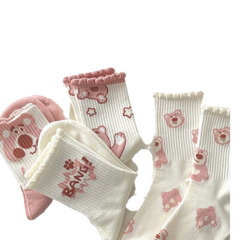 Pink Socks Women's Mid-Calf Ins Trendy and Versatile Autumn and Winter Korean Cute Bear Sweet and Versatile Student Sports Socks
