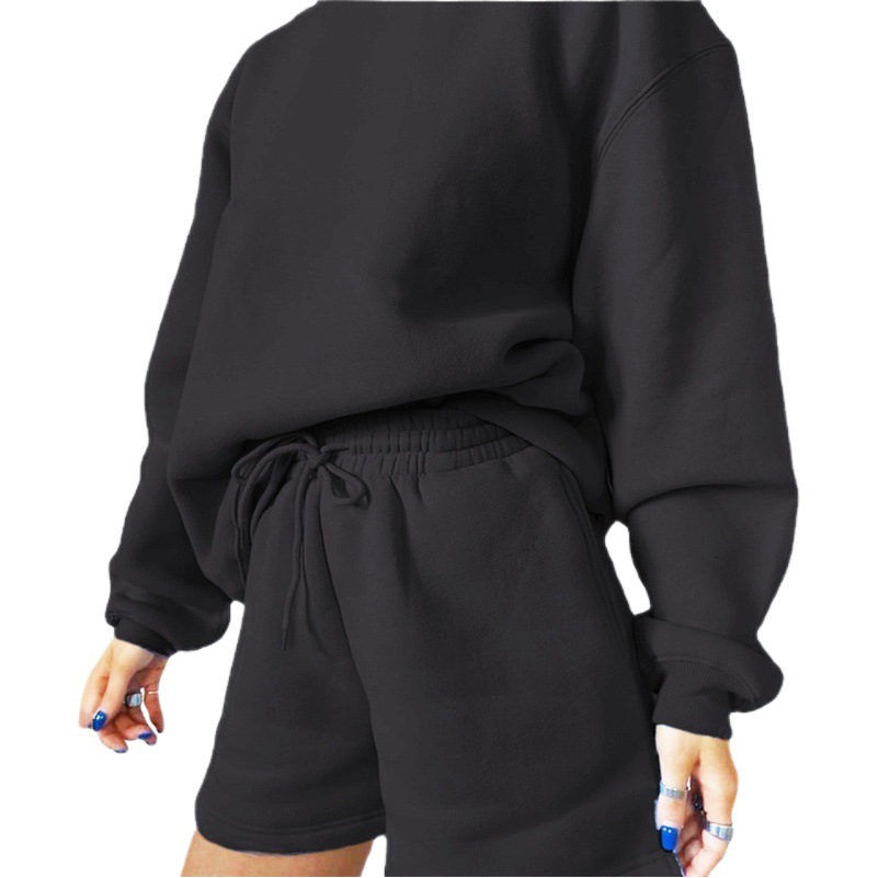 2024 Autum Export Women's New Style Fleece Thickeneded Loose Versatile Long-Sleeved Sweatshirt Two-Piece Set with Hip-Covering Shorts