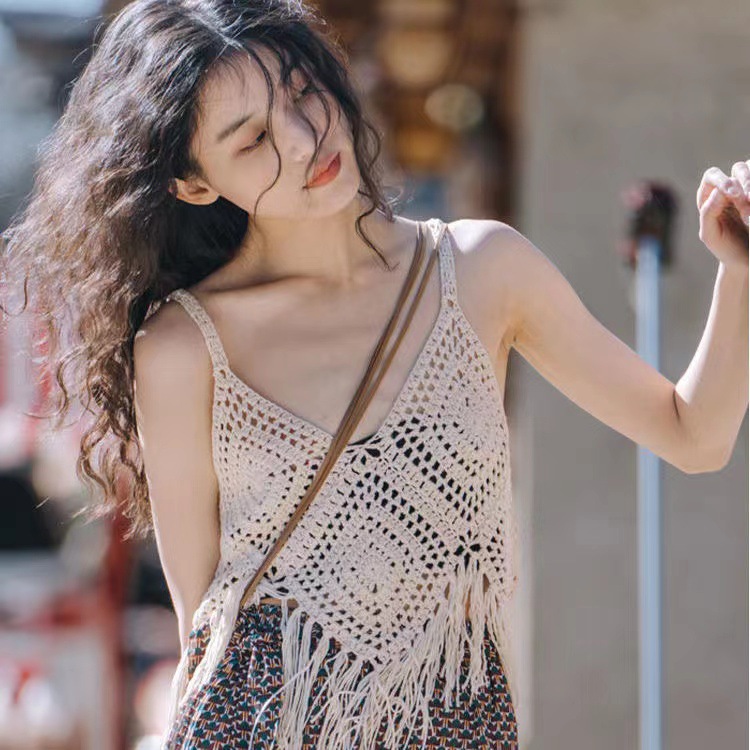 Bohemian Crocheted Sleeveless Vest Women's Sexy Backless Tassel Vacation Niche Design Sling Top