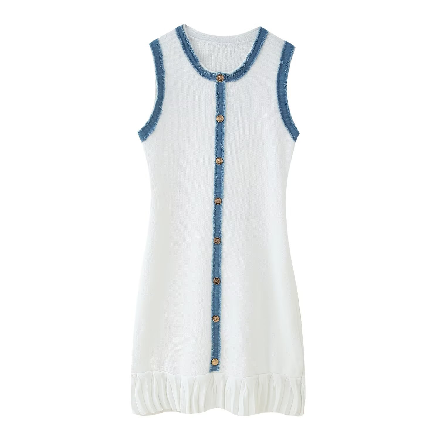 Foreign Trade 2025 Summer New European and American Style Fashionable Round Neck Color Matching Tassel Denim Edge Pleated Knitted Dress for Women