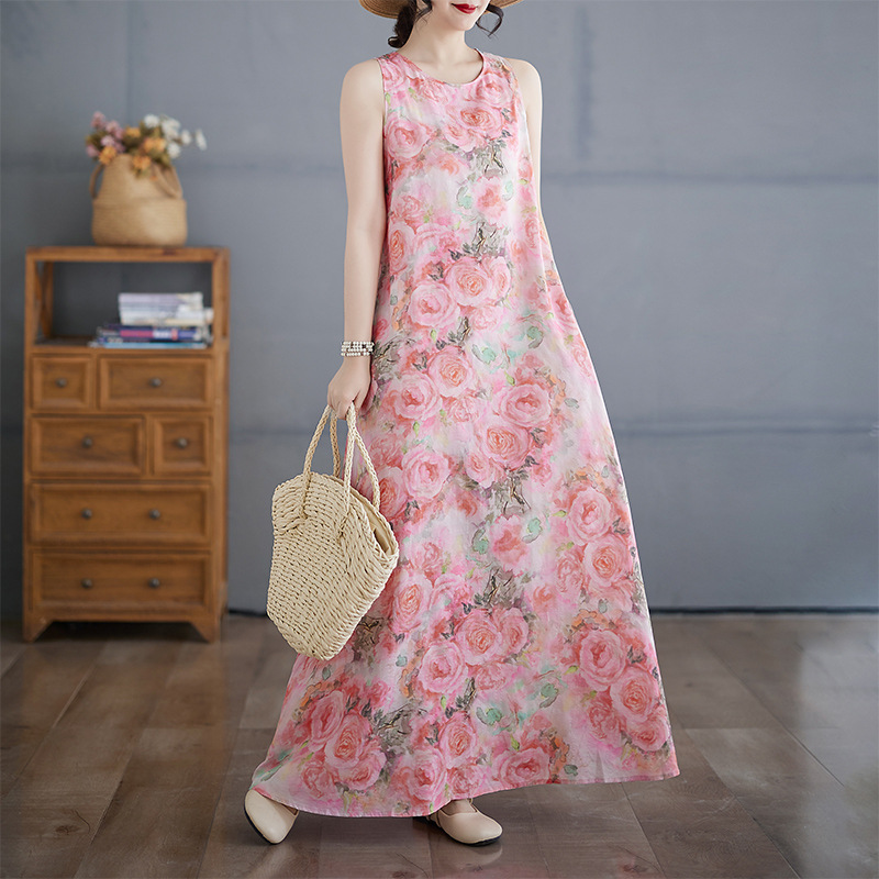 2025 Real Shot of New Bohemian Long Skirt Summer New Plus Size Sleeveless Round Neck Printed Dress
