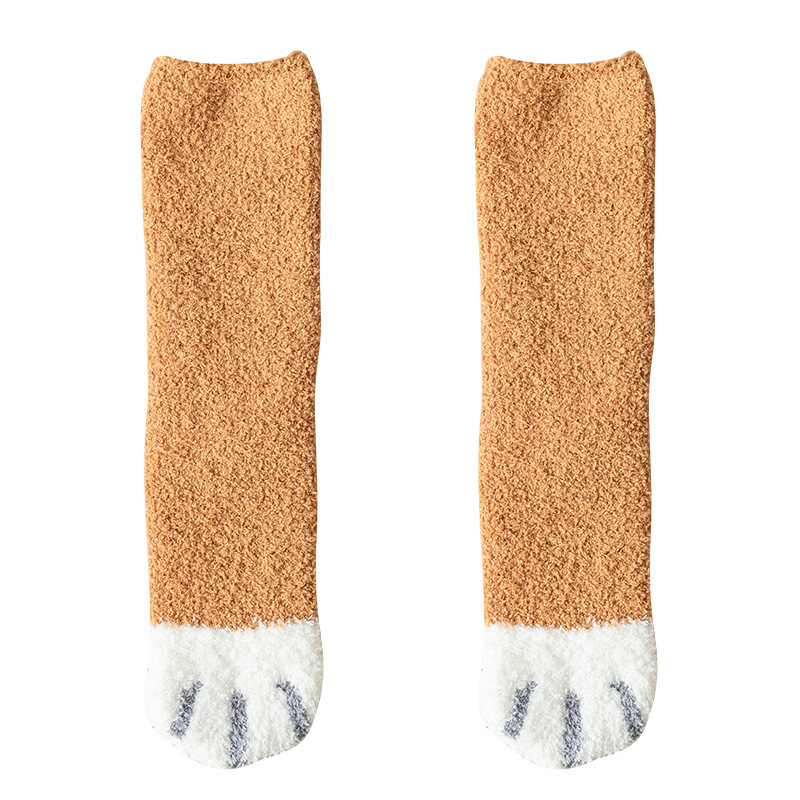 Picture of 20 Autumn and Winter Women's Japanese Style Middle Cylinder Separate Packaging Thickened Cartoon Sleep Socks Coral Fleece Cat Claw Home Floor Socks
