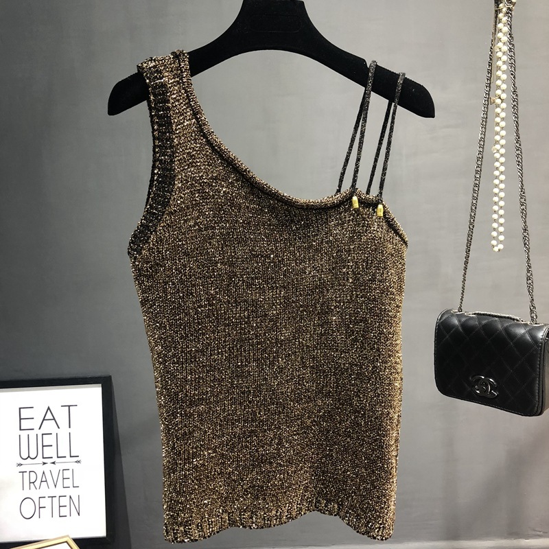 Summer New Sexy Slant Shoulder All-match Knitwear Vest Bright Silk Loose Slimming Sparkling Ins Sling Top for Women
