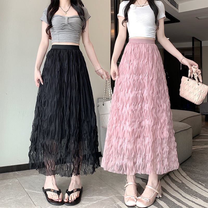 Tipsy Wave Curly Pleated Mesh Skirt 2024 Spring and Summer New Atmosphere High Waist Slim Skirt for Women