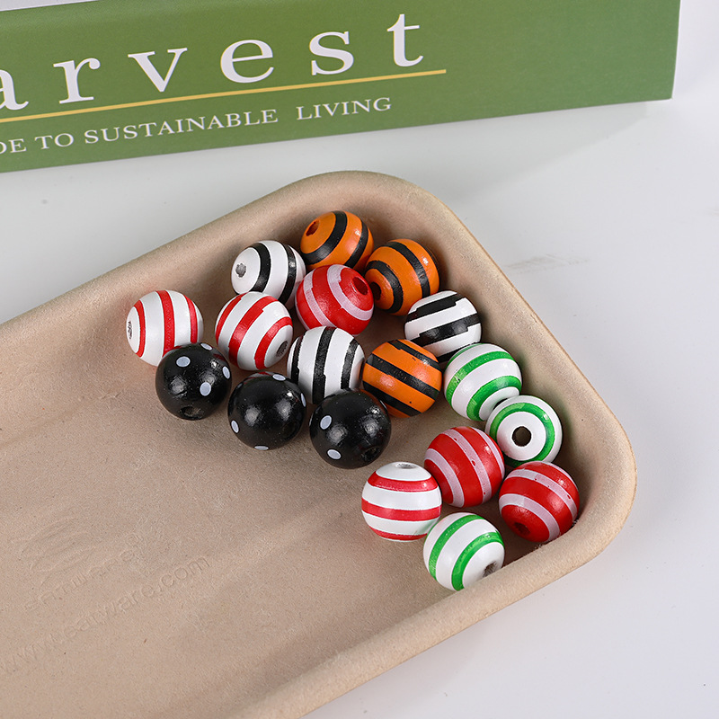 Picture of Cross-border hot sale 16mm Lotus round beads striped polka dot printed wooden beads children's beads DIY jewelry loose beads accessories