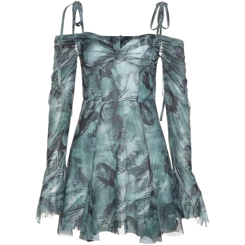 European and American women's 2023 summer sexy shoulder horn sleeve printed waist slim sling dress wholesale