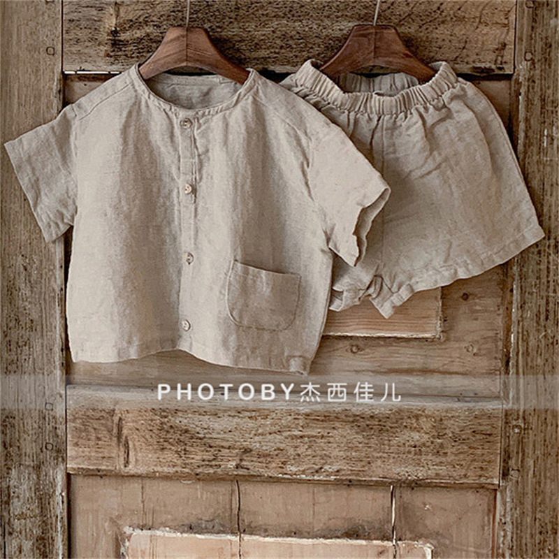 Children's Ins Korean Fashion Summer New Suit Korean Retro Shirt Shorts Casual Two-Piece Set for Boys and Girls