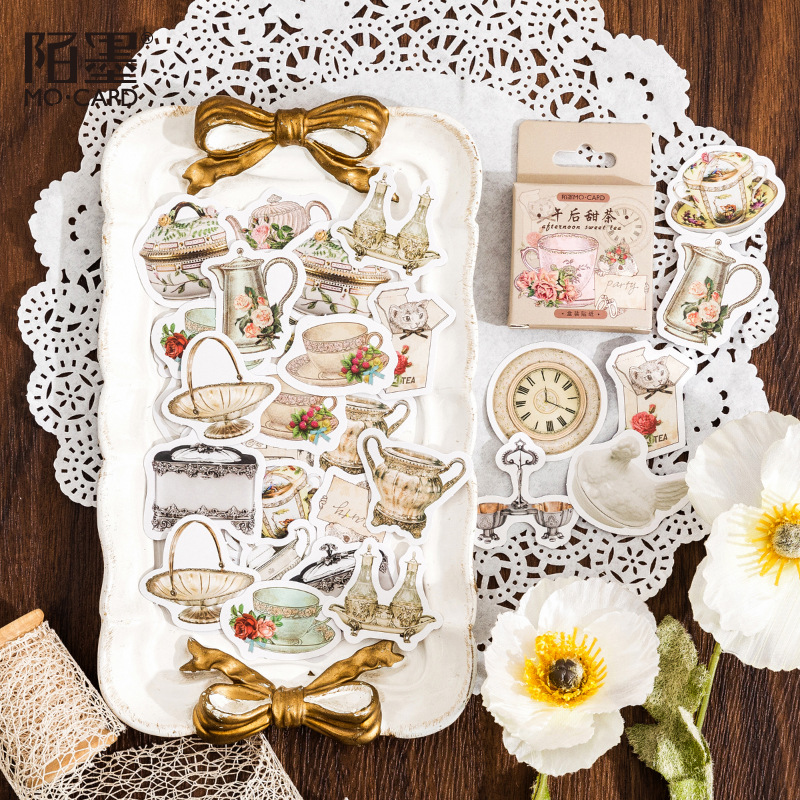 Cross-Border Mo Ink Boxed Stickers Afternoon Sweet Tea Ins Handbook DIY Material Sealing Decorative Stickers 46 Pieces