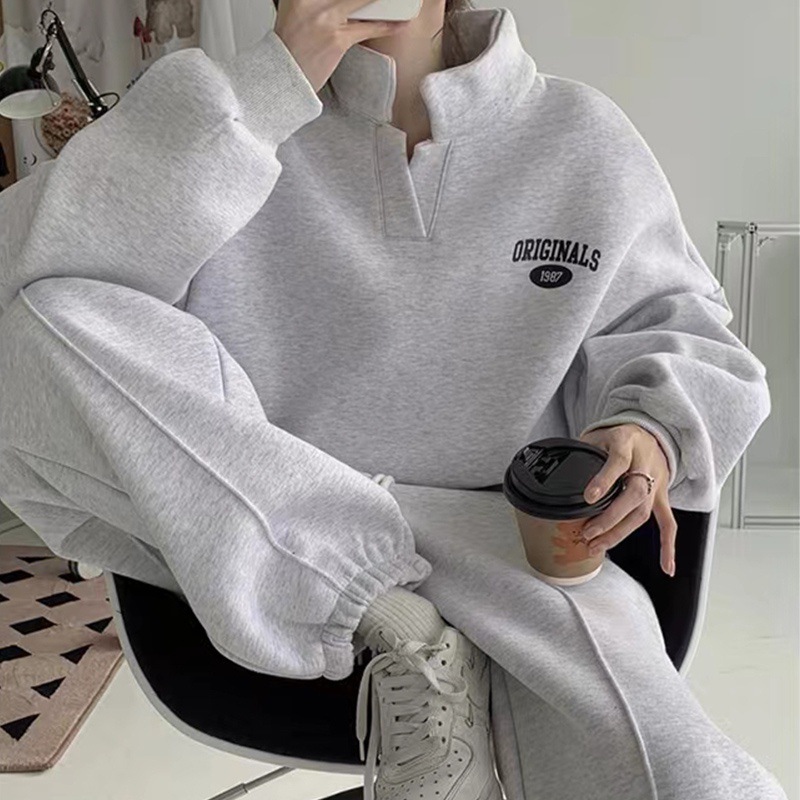 Sweater sweatpants suit women's 2023autumn and winter New fleece-lined fried street fashion casual running sportswear two-piece suit