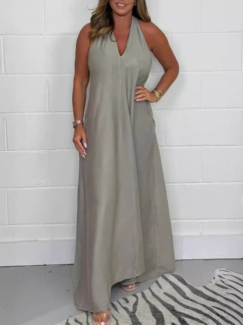 Cross-border European and American 2024 Summer New Export Fashion V Neck Sleeveless Loose Simple Pure Color Long Dress for Women