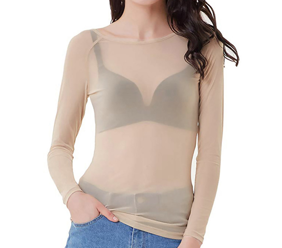 Picture of Autumn 2023 Black Transparent Mesh Base Shirt Women's Long-sleeved Sexy Perspective Thin Mesh Shirt Super-stretch Shirt