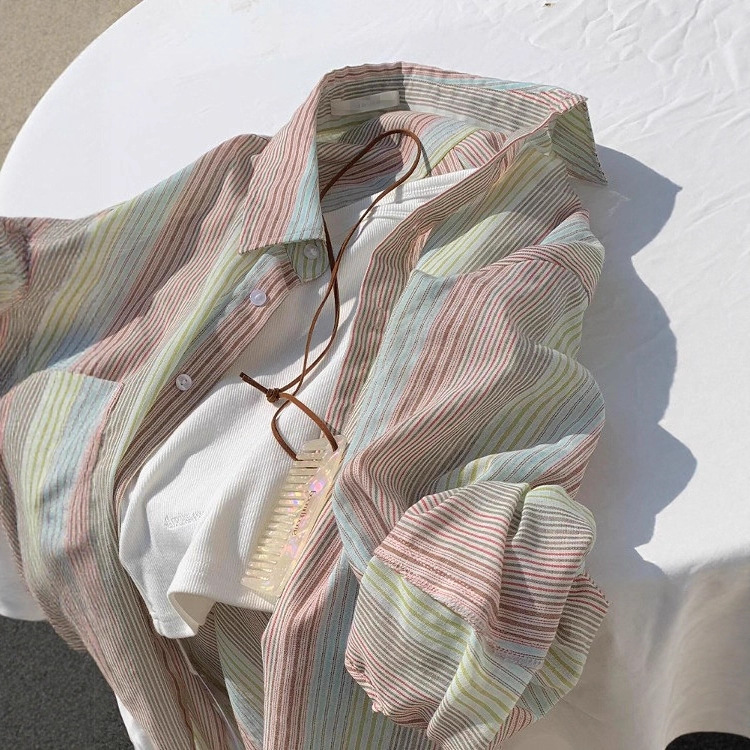 Loose Colorful Striped Sun Protection Shirt for Women, Summer Lightweight Shirt, Sun Protection Jacket, Striped Solid Color Patchwork