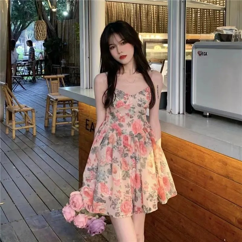 High Waist Elegant Slimming Floral Sling dress Fairy Spring and Summer French Style New A- Shown Short Skirt for Small Men