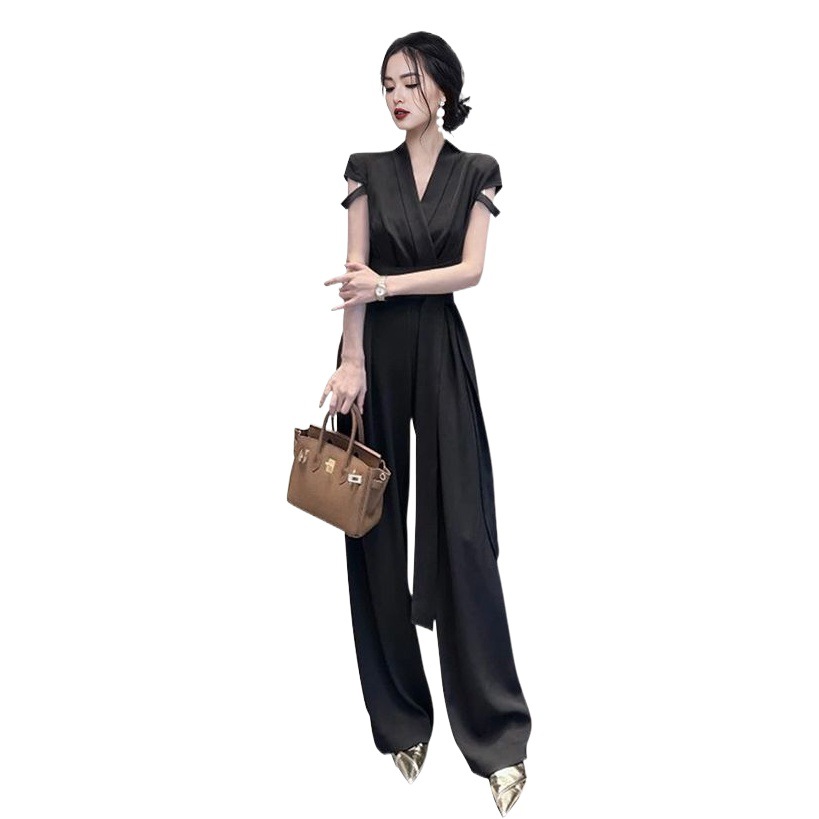Celebrity V Neck Waist-Cinching, Capable and Noble Wide-Leg Pants, Cross-Border Women's Summer New Style Slimming Look Wide-Leg Jumpsuits