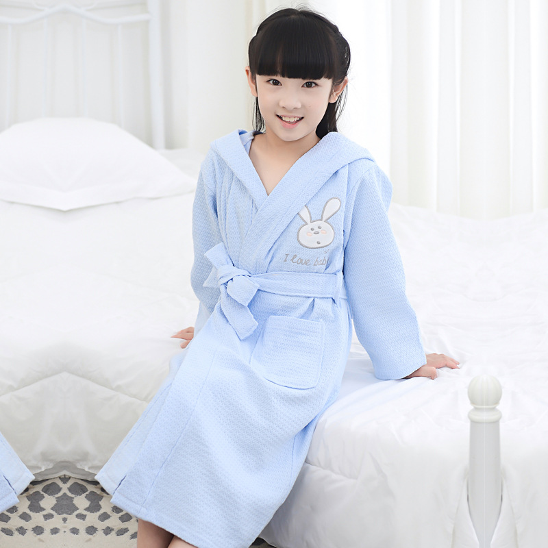 Children's Bathrobe Cotton Thin Waffled Water Absorbent Swimming Bathrobe Summer Cartoon Hooded Pajamas for Baby Boys and Girls