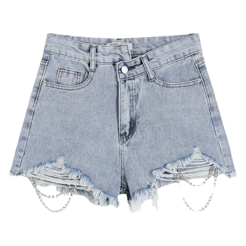 Real Shot Hole Rapped Denim Shorts Women's High Waist Chain Hot Pants Summer New Misplaced Design A- Shot Pants