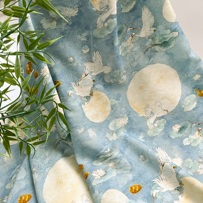 Lotus pond crane moon brocade cotton fabric digital print new Chinese cheongsam dress top Hanfu handmade DIY fabric