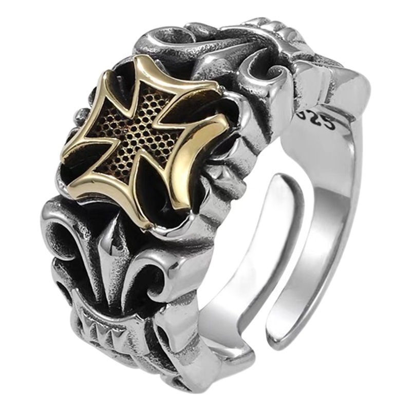 Vintage Thai Silver S990 Cross Anchor Ring Men's Personality Hip-Hop Punk Men's Old Fashionable Loose Ring