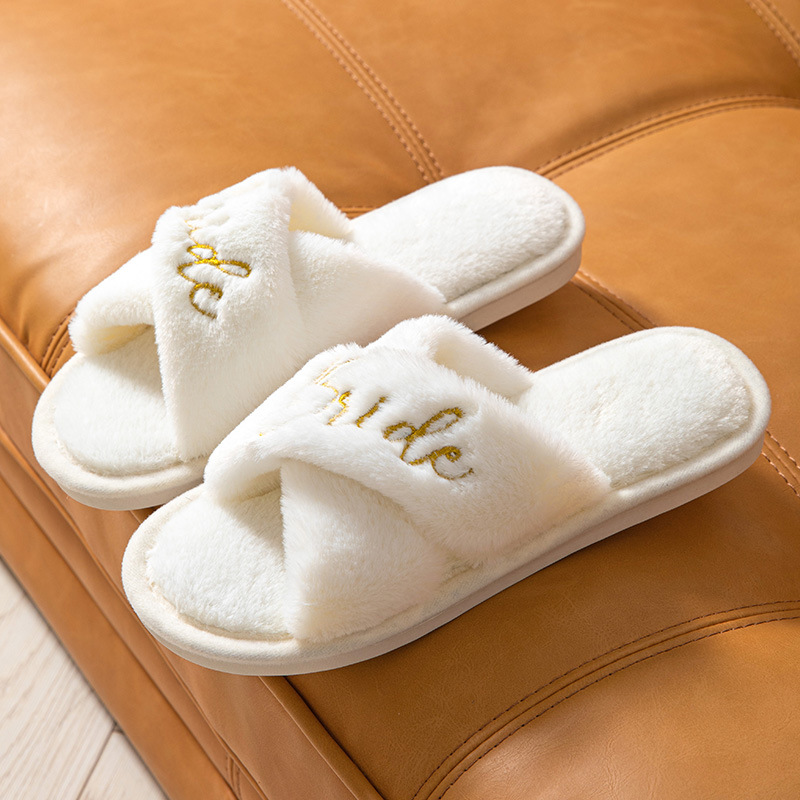 Wedding Home Crossover Slippers High-end Faux Rabbit Fur Coral Fleece Non-Disposable Party Bridesmaid Group Best Man Slippers