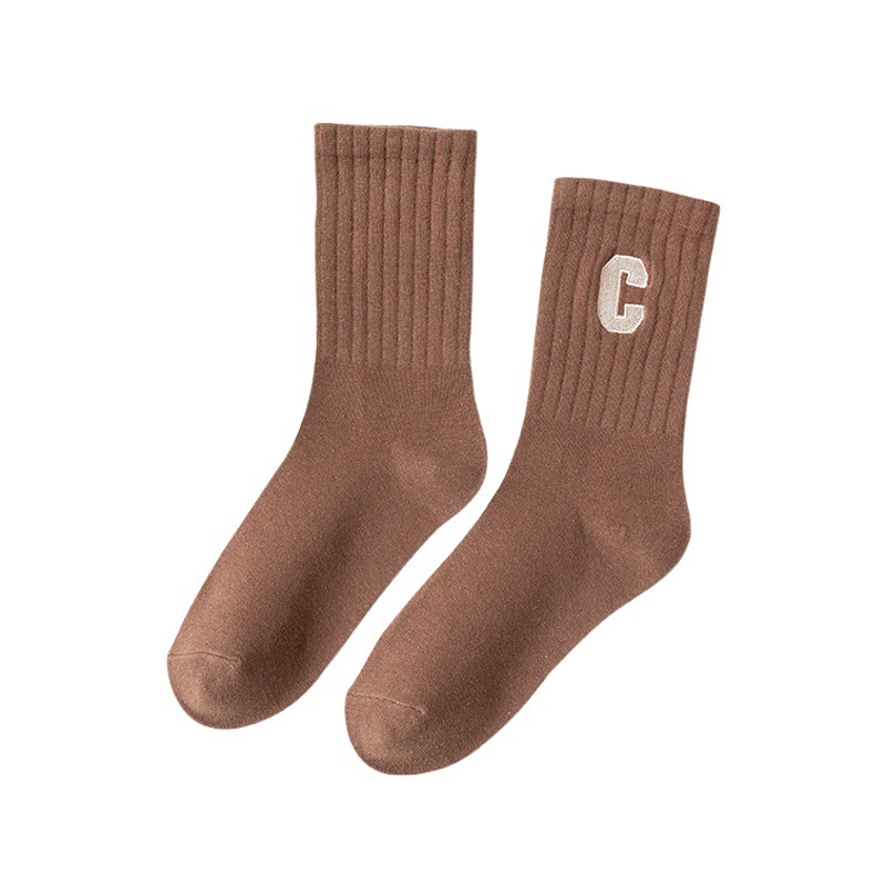 Thick Embroidered Letter C Socks Women's Mid-length Socks Spring and Autumn Cotton Ins Trendy Japanese Style Simple Sports Style Outer Wear Stockings