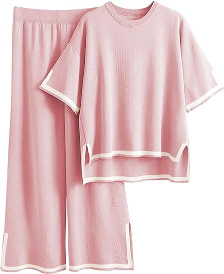 Picture of 2024 Europe and the United States cross-border Amazon summer new knitted suit sweater suit short sleeve pullover wide leg pants