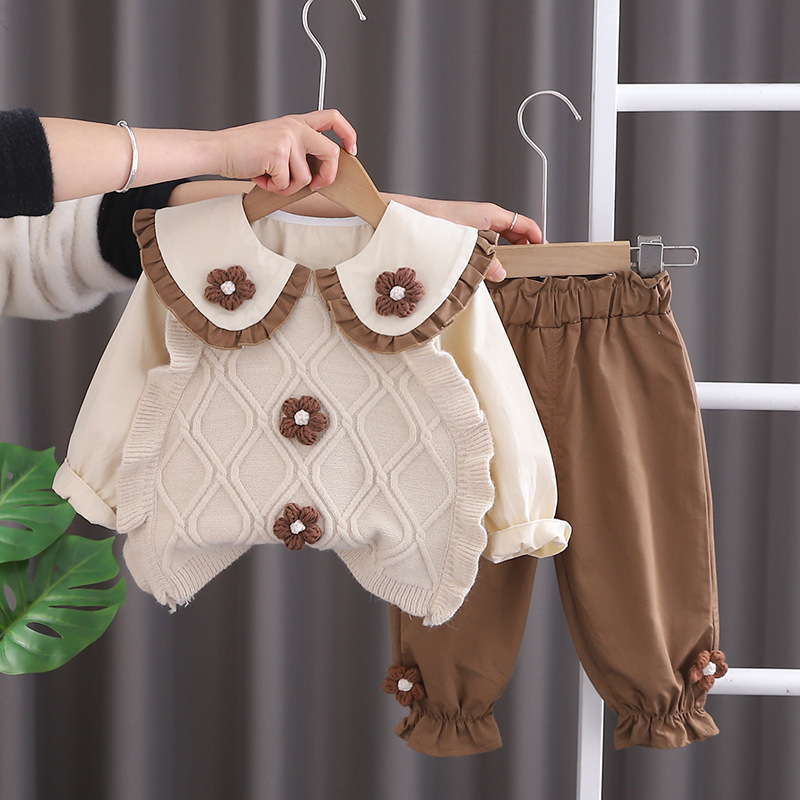 Picture of Spring and Autumn Net Red Western style vest sweater three-piece set foreign trade Girl's fashion Western style baby girl's clothing suit wholesale