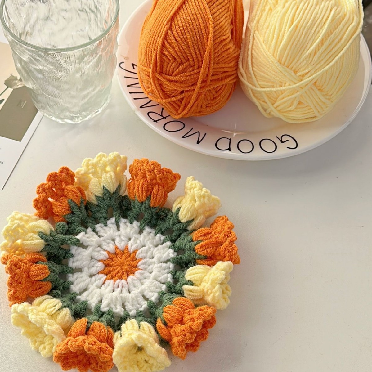 Picture of Beginner Handmade Weaving DIY Materials Kit, Yarn, Crochet, Lily of the Valley Gradient Coaster Gift for Girlfriend