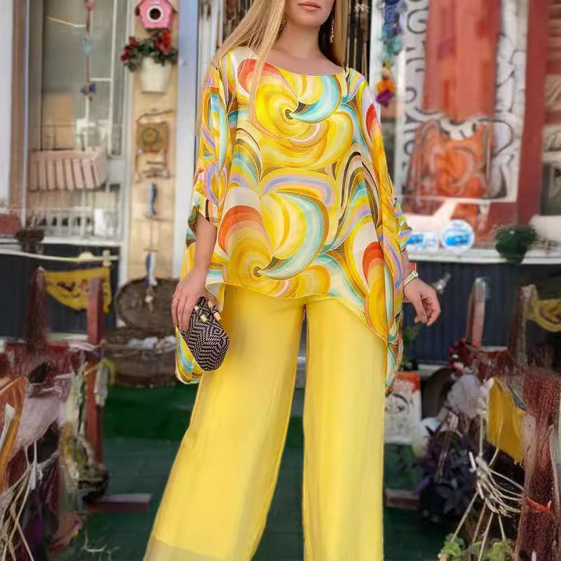 Summer leisure suit new color chiffon round neck printing two-piece independent station 2025 cross-border Amazon women